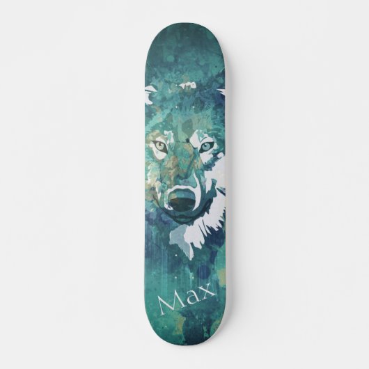 Blauwe waterverf wolf skateboard (Voorkant)
