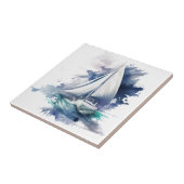 Blauwe Waterverf Zeilboot keramische Tegel Tegeltje (Zijkant)