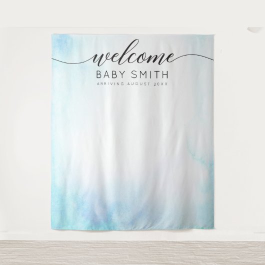 Blauwe Welkom Baby Shower Achtergrond Wandkleed (Voorkant)