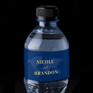 Blauwe Wereldkaart Bestemming Bruiloft Waterfles Etiket