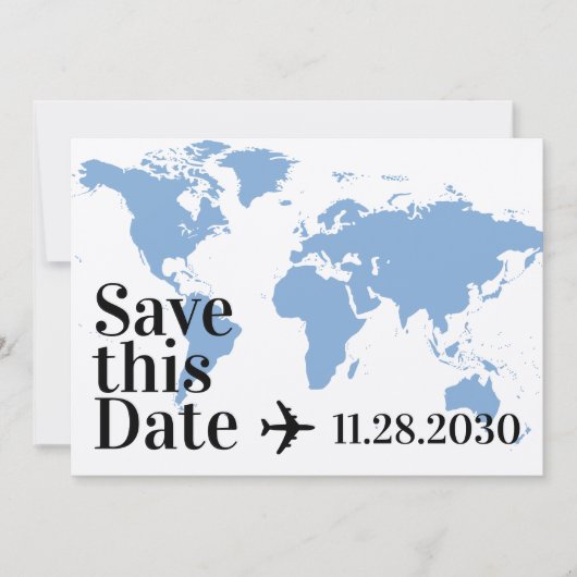 Blauwe Wereldkaart en Vliegtuig Hart Vette Bestemm Save The Date (Voorkant)