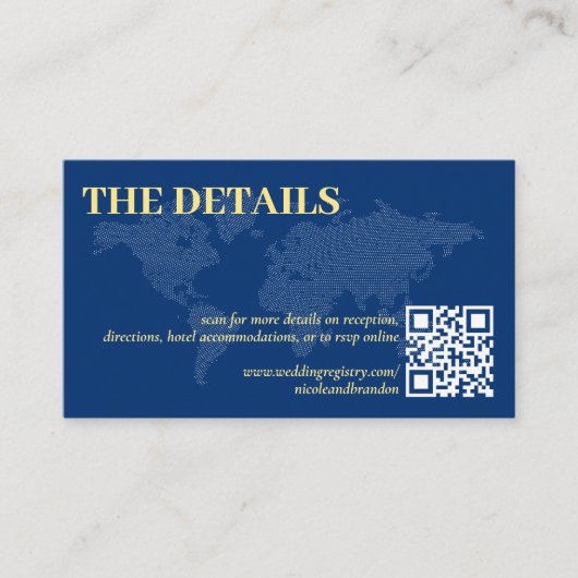 Blauwe Wereldkaart QR Code Bruiloft Details Informatiekaartje (Voorkant)