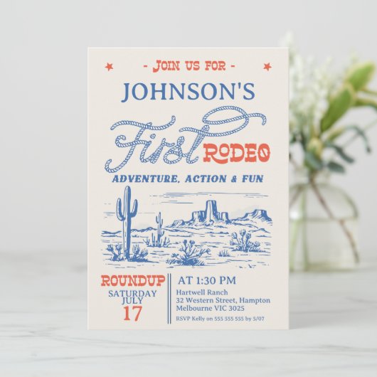 Blauwe Westerne Woestijn Rodeo 1e verjaardag Kaart (Staand voorkant)
