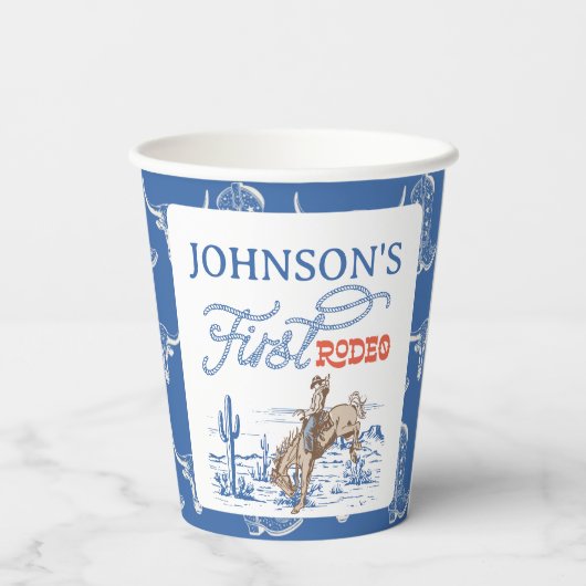 Blauwe Westerne Woestijn Rodeo 1e verjaardag Papieren Bekers (Achterkant)
