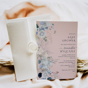 Blauwe Wildbloem boho Winter Baby meisje douche Kaart
