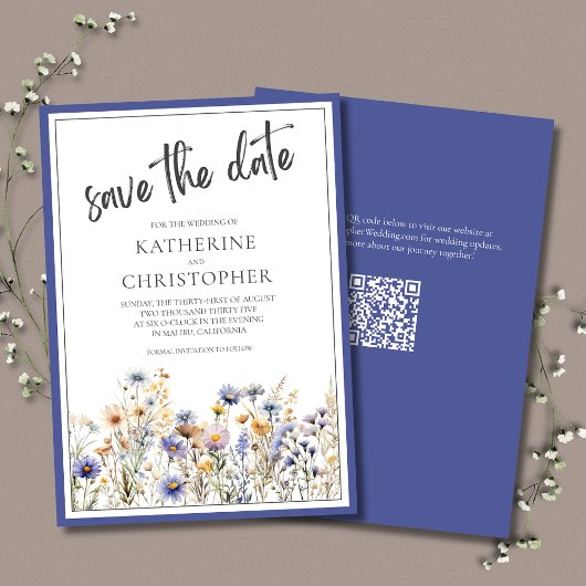Blauwe Wildbloemen Floral Modern Elegant Bruiloft Save The Date