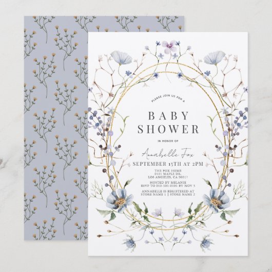 Blauwe Wildbloemen Lavendel Waterverf Baby shower Kaart (Voorkant / Achterkant)