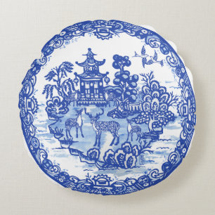 Blauwe wilde Antiek Pagoda Phoenix Rond Kussen