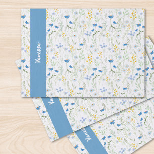 Blauwe wilde bloem aquarel naam monogram tissuepapier