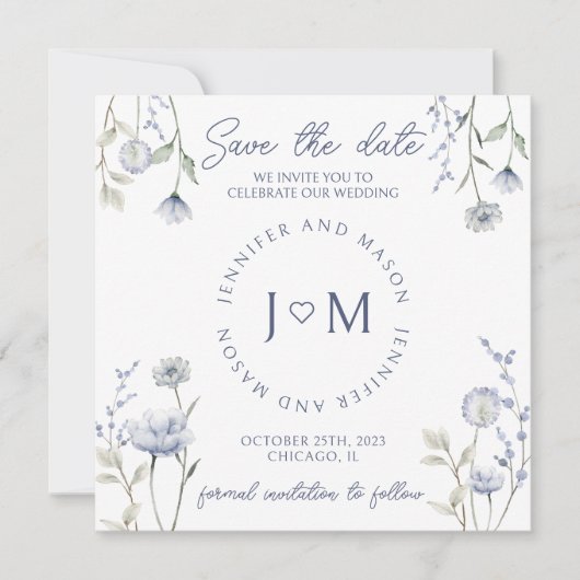 Blauwe wilde bloem bloemenbewaar de datumfoto kaart (Voorkant)