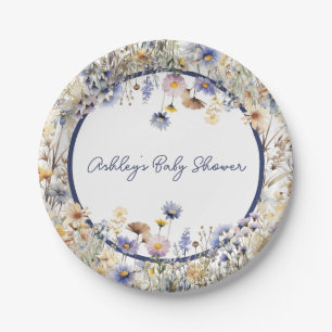 Blauwe Wilde Bloem Boho Persoonlijke Baby Shower Papieren Bordje