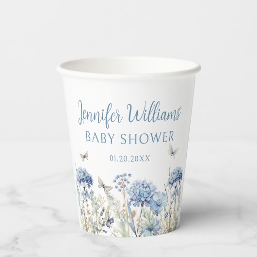 Blauwe wilde bloem vlinder baby shower papieren be papieren bekers (Achterkant)