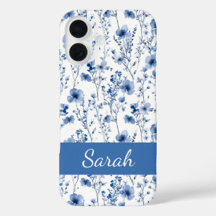 Blauwe Wilde Bloem Waterverf Bloemmotief Naam iPhone 16 Hoesje