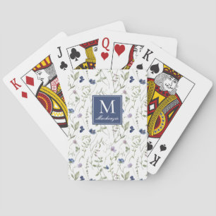 Blauwe wilde bloem waterverf monogram naam pokerkaarten