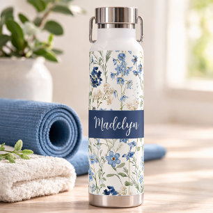 Blauwe wilde bloem waterverf monogram naam waterfles
