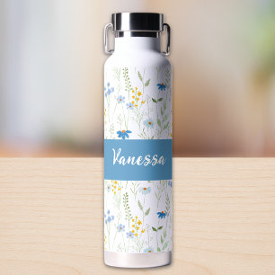 Blauwe wilde bloem waterverf monogram naam waterfles