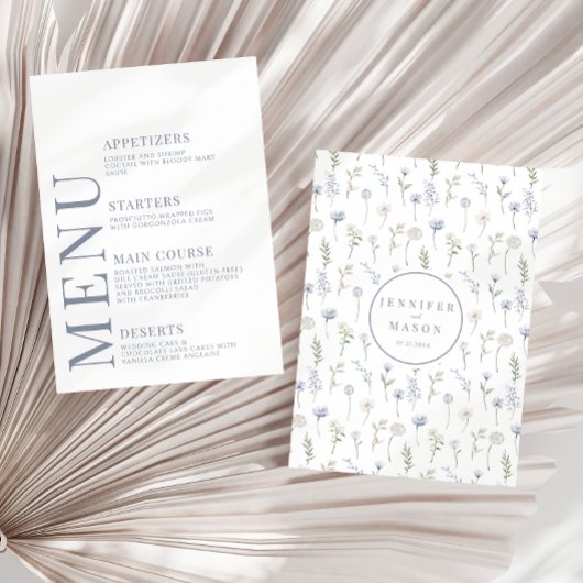 Blauwe wilde bloemen bloemenrustieke bruiloft menu