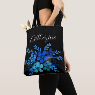 Blauwe wilde bloemen Boho Script Gepersonaliseerde Draagtas