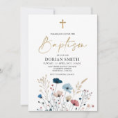 Blauwe Wilde Bloemen Jongen Doop uitnodiging (Voorkant)