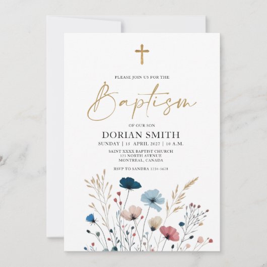 Blauwe Wilde Bloemen Jongen Doop uitnodiging (Voorkant)