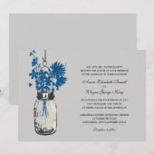 Blauwe Wilde bloemen & Mason Jar Wedding Uitnodigi Kaart (Voorkant / Achterkant)