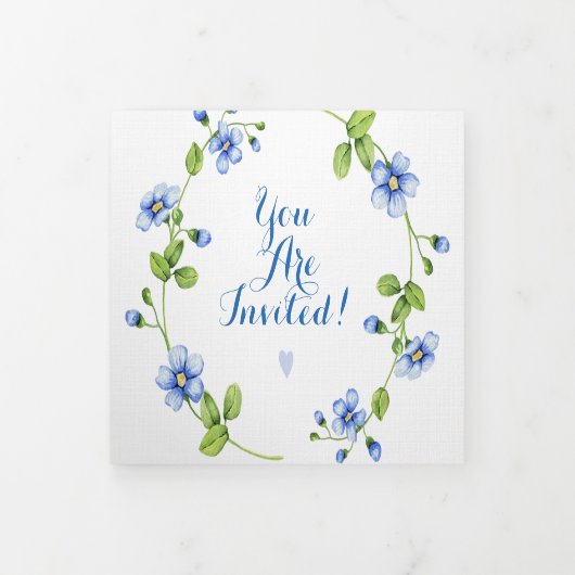 Blauwe wilde bloemen met grote bruiloft drieluik uitnodiging (Cover)