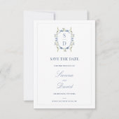 Blauwe Wilde Bloemen Monogram Wapen Save The Date (Voorkant)