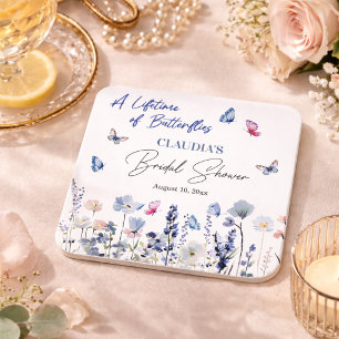 Blauwe Wilde Bloemen Vlinders Bruidsdouche Vierkante Kartonnen Onderzetter