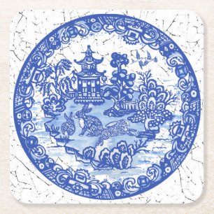 Blauwe wilde konijn Chinoiserie Blauwe Wilde Vierkante Kartonnen Onderzetter