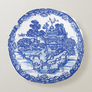 Blauwe wilde vossenvezel Floral Antiek Pagoda Bird Rond Kussen