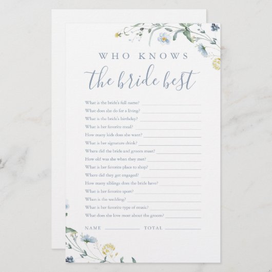 Blauwe Wildflower wie kent de bruid het beste spel (Voorkant / Achterkant)