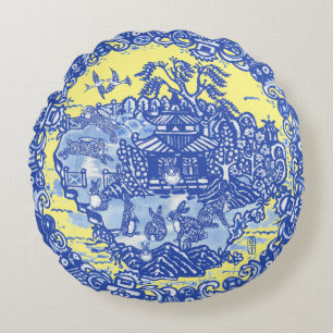 Blauwe Wilg Isle of Rabbits Geel Whimsical Rond Kussen