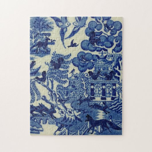 Blauwe wilg met wilde dieren Fox Rabbit Bird Legpuzzel (Verticaal)