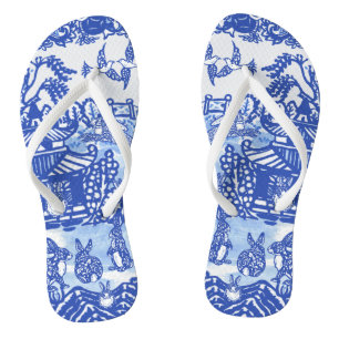 Blauwe Wilgen Konijn Oosterse Tuin Whimsical Bunny Teenslippers