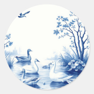 Blauwe Wilgen Zwanen Meer Scene Ronde Sticker