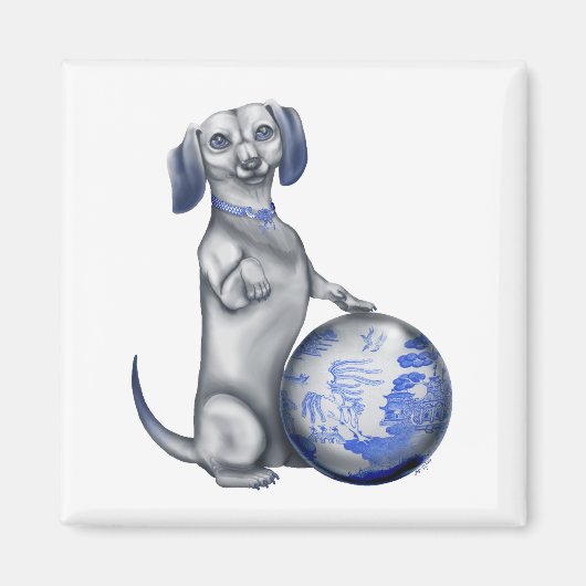 Blauwe Willow Dachshund Magnet Magneet (Voorkant)