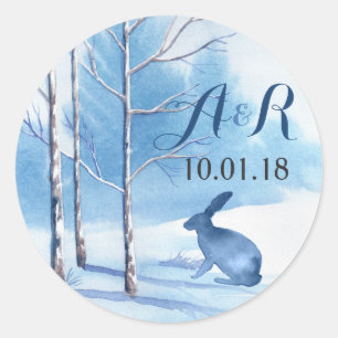 Blauwe Winter Bomen Monogram Bruiloft Ronde Sticker