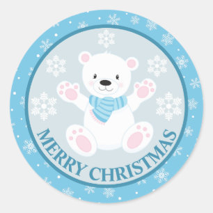 Blauwe Winter IJsbeer en Sneeuwvlokken Kerstmis Ronde Sticker