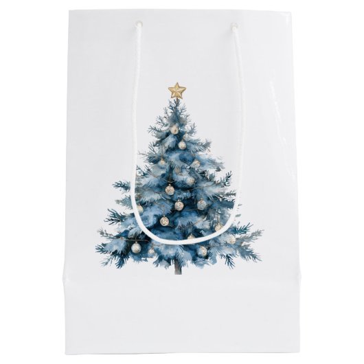 Blauwe Winter Kerstboom Gouden Ster Medium Cadeauzakje (Achterkant)