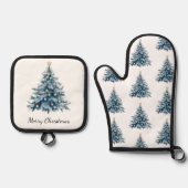 Blauwe Winter Kerstboom Gouden Ster Ovenwant & Pannenlap Set (Voorkant)