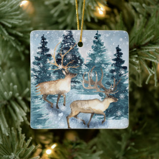 Blauwe winter met herten keramisch ornament