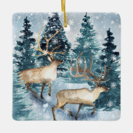 Blauwe winter met herten keramisch ornament