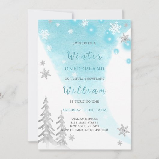 Blauwe Winter Onederland Verjaardag uitnodiging (Voorkant)