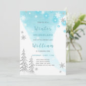 Blauwe Winter Onederland Verjaardag uitnodiging (Staand voorkant)