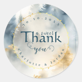 Blauwe Winter Pine Tree Forest Wedding Dank u Ronde Sticker