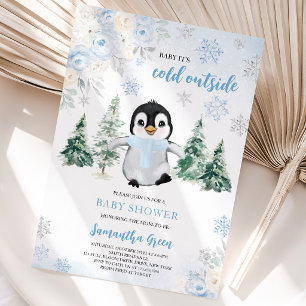 Blauwe Winter Pinguïn Baby Shower Kaart