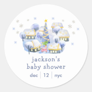 Blauwe Winter Sneeuw Het Kost Een Dorp Baby Shower Ronde Sticker