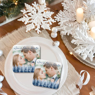 Blauwe Winter Wonderland Pine Kerstbruiloft Vierkante Kartonnen Onderzetter
