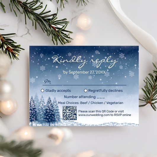 Blauwe Winter Wonderland QR Code Bruiloft RSVP Kaartje