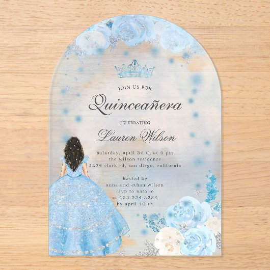 Blauwe Winter Wonderland Quinceanera uitnodiging Acryl Uitnodigingen (Voorkant)